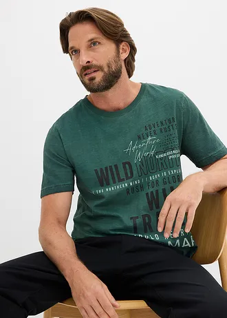 Tricou cu aspect prespălat din bumbac organic 100% • verde profund cu imprimeu • magazin bonprix