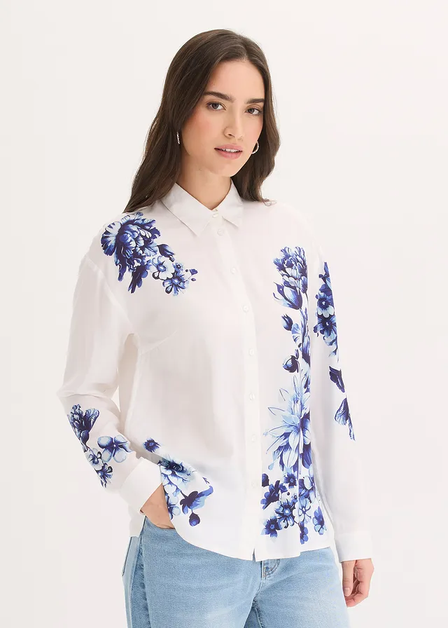 Blouse van soepele viscose, Kleur: wit-blauw gebloemd