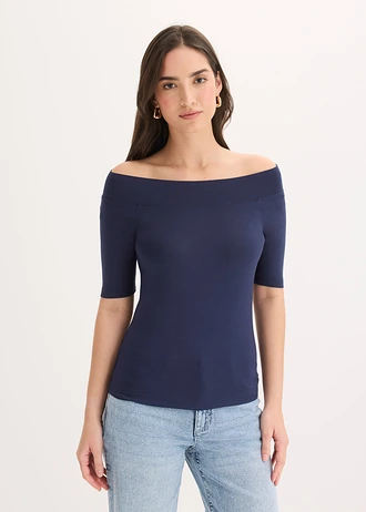Bluză Carmen din amestec de viscoză, culoare: bleumarin