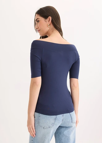 Bluză Carmen din amestec de viscoză, culoare: bleumarin