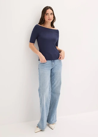 Bluză Carmen din amestec de viscoză, culoare: bleumarin