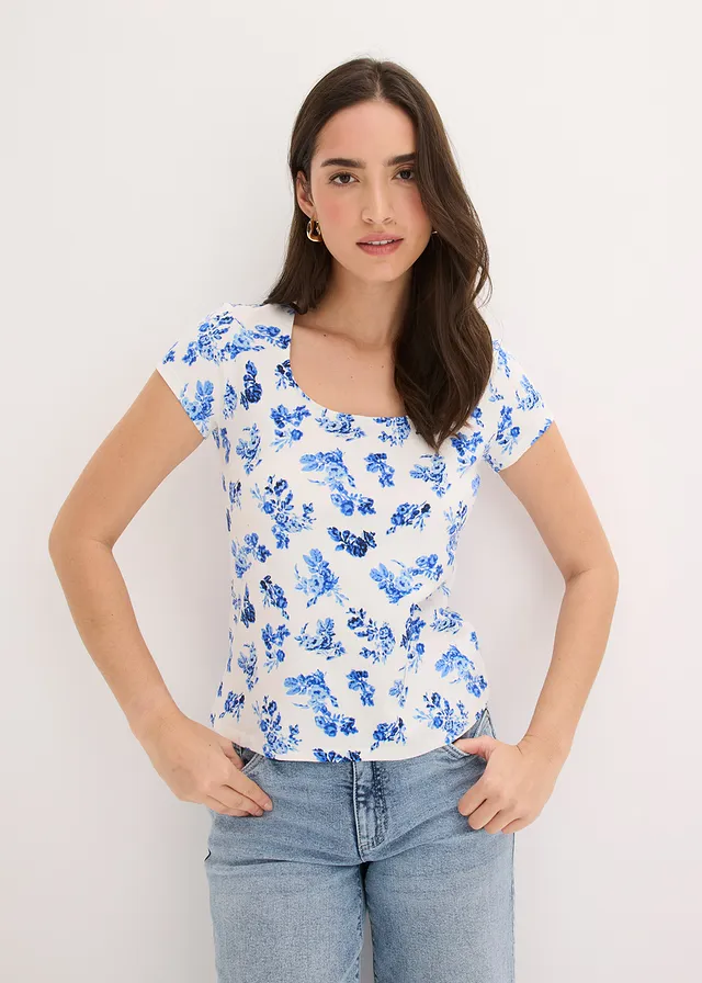 T-shirt en coton extensible, Couleur: bleu/écru floral