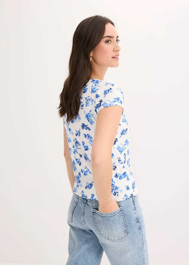 T-shirt en coton extensible, Couleur: bleu/écru floral