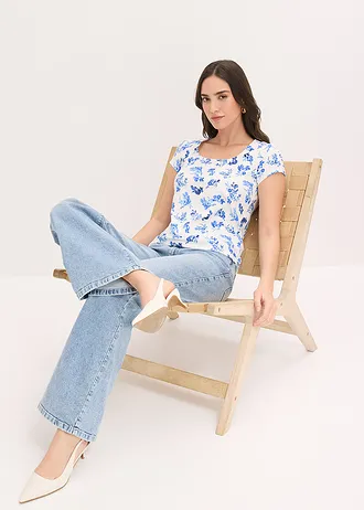 T-shirt en coton extensible • bleu-écru floral • Boutique bonprix