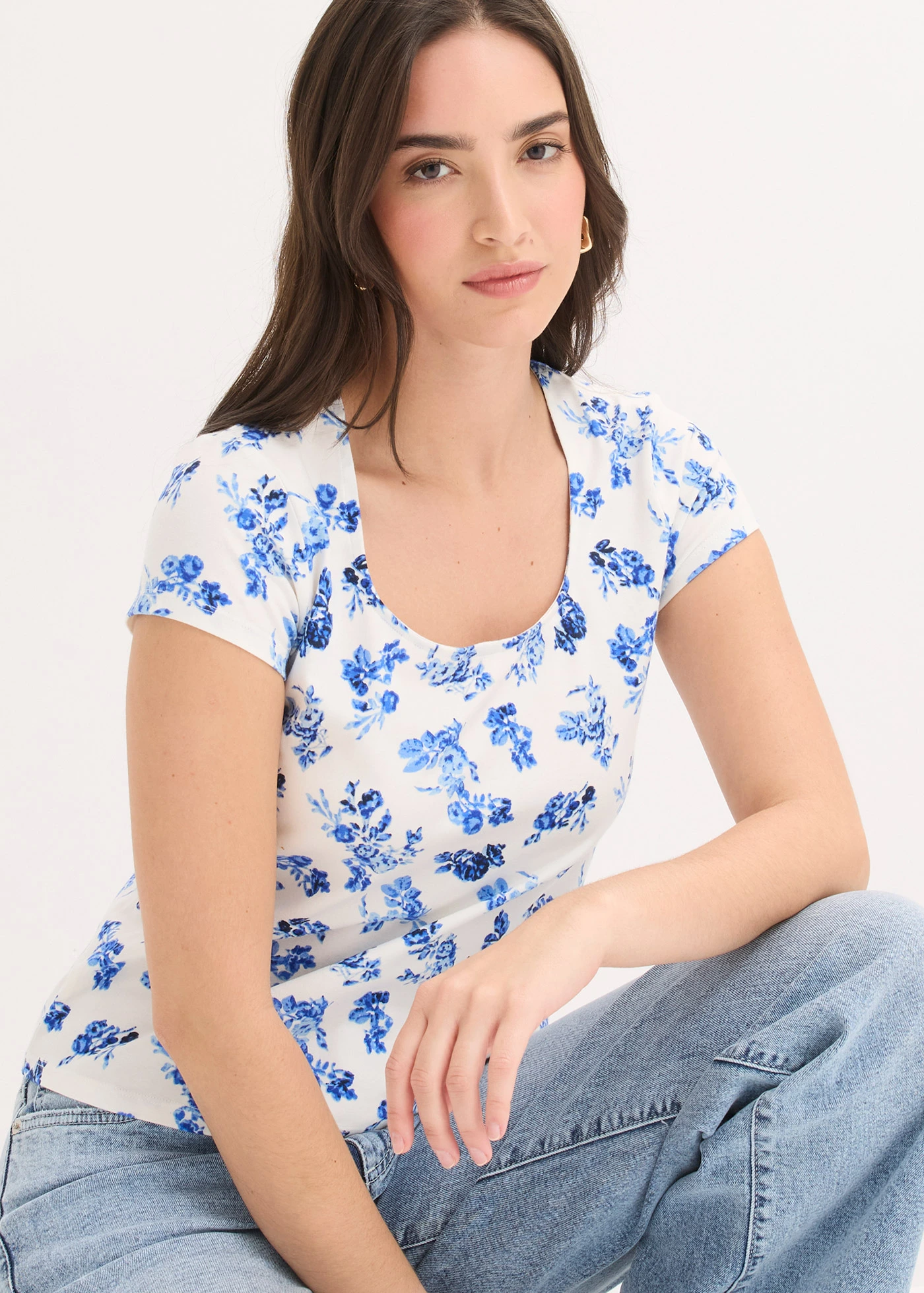 Bluză din material elastic cu bumbac • albastru-ecru floral • magazin bonprix