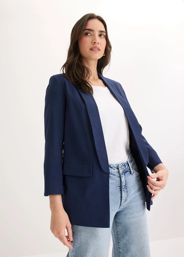 Lange blazer in een viscosemix, Kleur: donkerblauw
