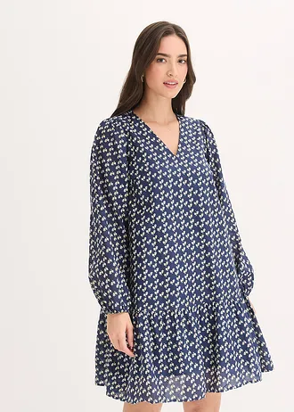 Mini jurk van gestructureerde crêpe, Kleur: donkerblauw gebloemd