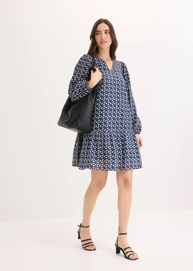 Rochie mini din material cu textură crinkle • bleumarin înflorat • magazin bonprix
