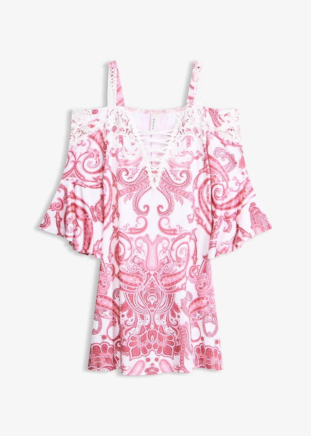 Wijd uitlopende carmen jurk, Kleur: pinklady/wit paisley