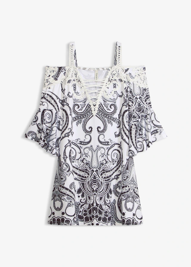 Robe évasée à encolure Bardot, Couleur: noir/blanc paisley