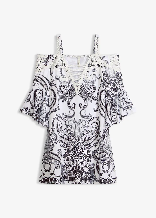 Robe évasée à encolure Bardot • noir-blanc paisley • Boutique bonprix