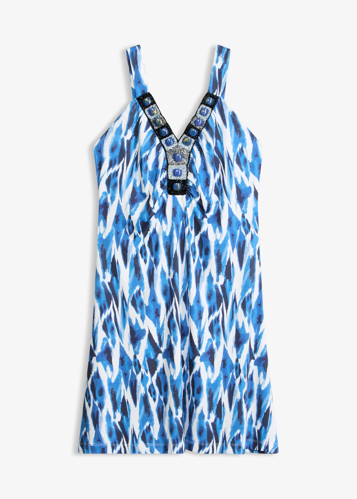 Rochie din jerse cu croială în A • albastru-azur cu imprimeu • magazin bonprix