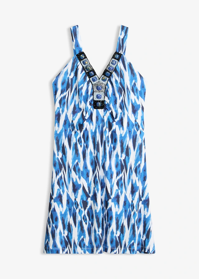 Jersey jurk in A-lijn, Kleur: azuurblauw gedessineerd
