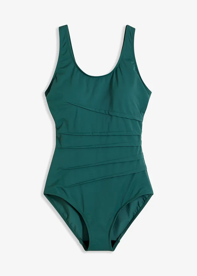 Corrigerend badpak met sierplooitjes, licht corrigerend • donkergroen • bonprix online shop