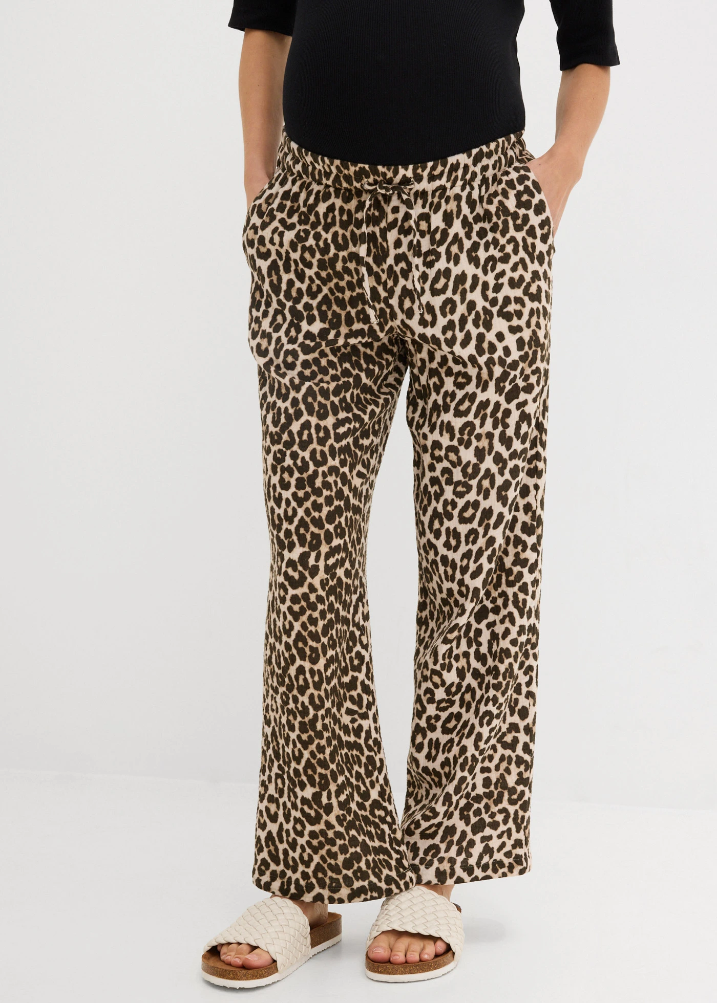 2-in-1 broek voor tijdens de zwangerschap en daarna van puur katoenen mousseline • natuursteen-middenbruin-donkerbruin-kastanjebruin-zwart met luipaardprint • bonprix online shop