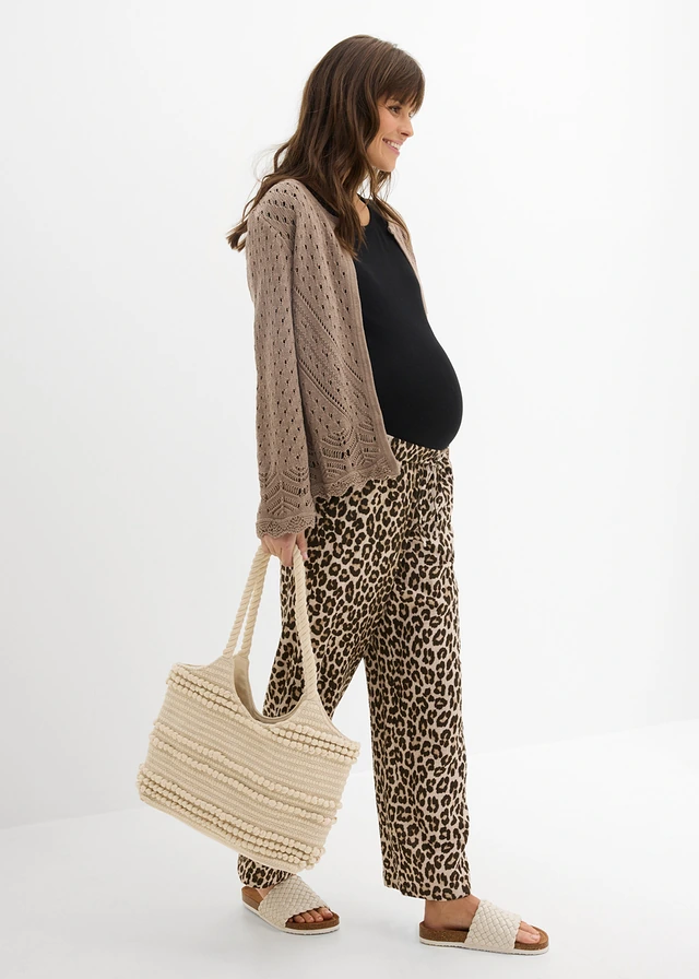 2-in-1 broek voor tijdens de zwangerschap en daarna van puur katoenen mousseline, Kleur: natuursteen-middenbruin-donkerbruin-kastanjebruin-zwart met luipaardprint