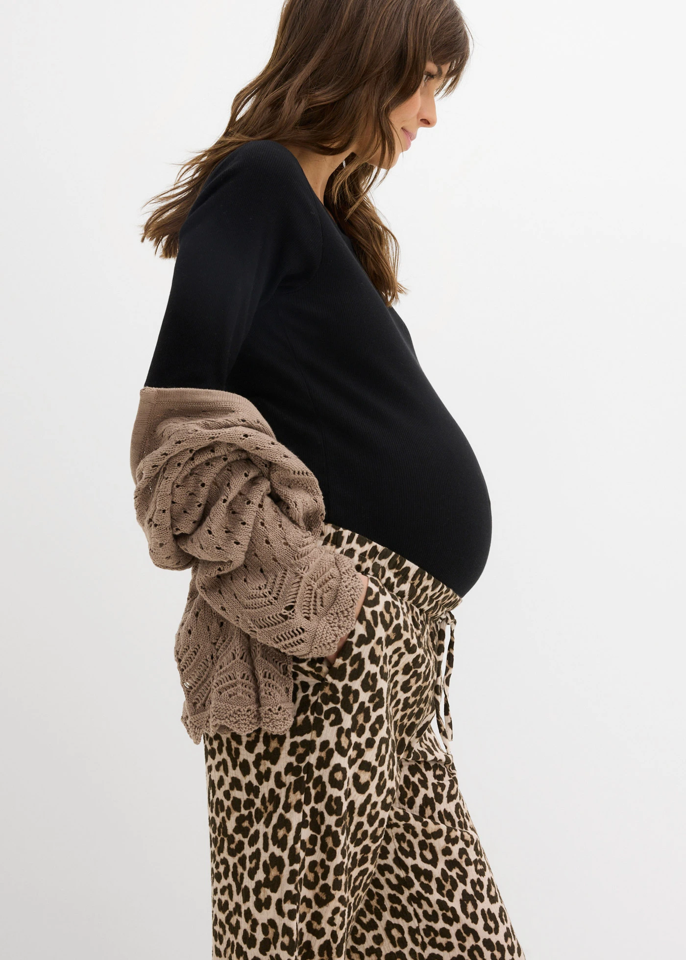 2-in-1 broek voor tijdens de zwangerschap en daarna van puur katoenen mousseline • natuursteen-middenbruin-donkerbruin-kastanjebruin-zwart met luipaardprint • bonprix online shop