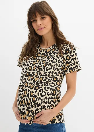 2-in-1 zwangerschaps- en borstvoedingsshirts van biologisch katoen (set van 2), Kleur: zwart+beige met luipaardprint