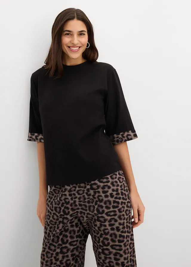 Sweater van katoenmix met luipaarddetail, Kleur: zwart-donkerbruin-middenbruin-natuursteen luipaard