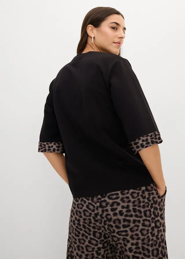 Sweater van katoenmix met luipaarddetail, Kleur: zwart-donkerbruin-middenbruin-natuursteen luipaard