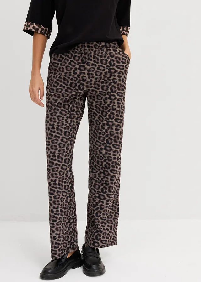 Pantalon sweat léopard en coton extensible, Couleur: noir-marron foncé-marron moyen-pierre naturelle léopard