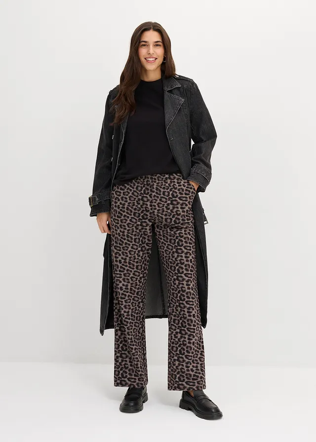 Pantalon sweat léopard en coton extensible, Couleur: noir-marron foncé-marron moyen-pierre naturelle léopard