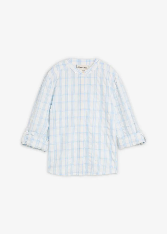 Bluzka z czystej bawełny • biel wełny-niebieski pudrowy w kratę • sklep bonprix