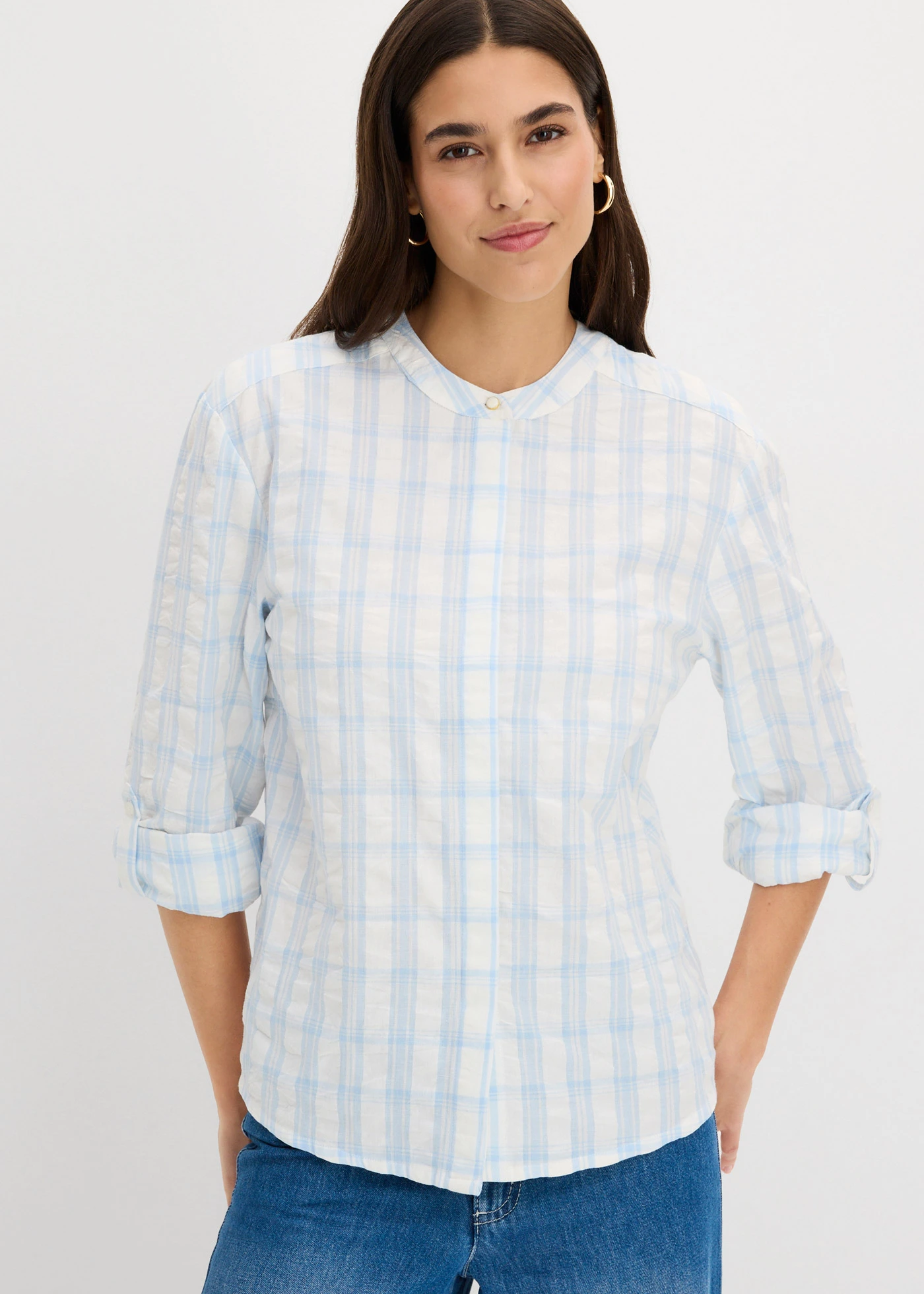 Blouse van puur katoen • wolwit-poederblauw geruit • bonprix online shop