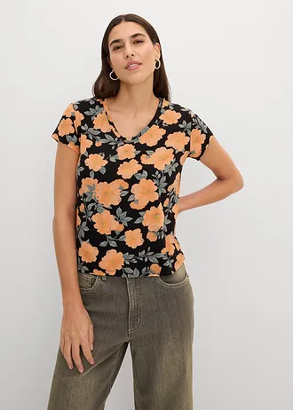 T-shirt van puur katoen, Kleur: zwart gedessineerd