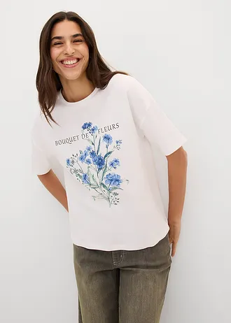 Losvallend T-shirt van puur katoen, Kleur: wit gebloemd
