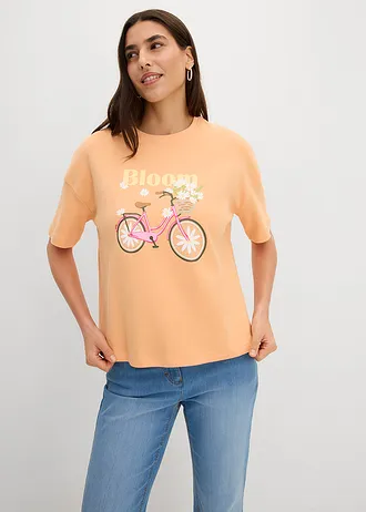 Tricou lejer din bumbac 100%, culoare: oranj-papaia cu imprimeu