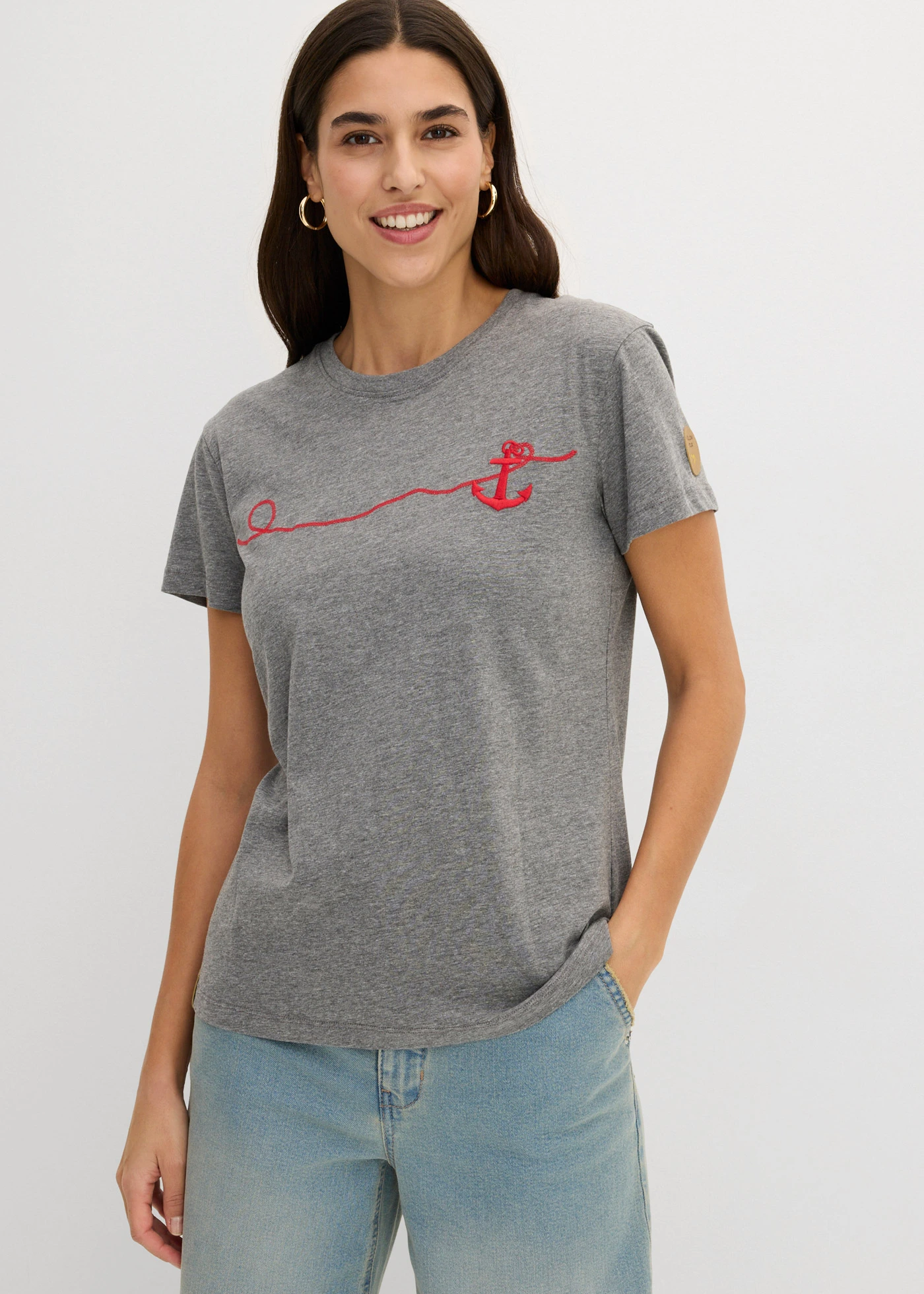 Tricou brodat • gri melanj-roșu • magazin bonprix