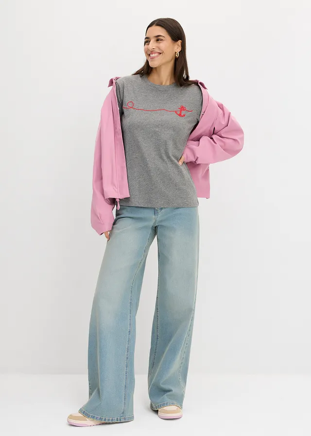 T-shirt met borduursel, Kleur: grijs gemêleerd/rood
