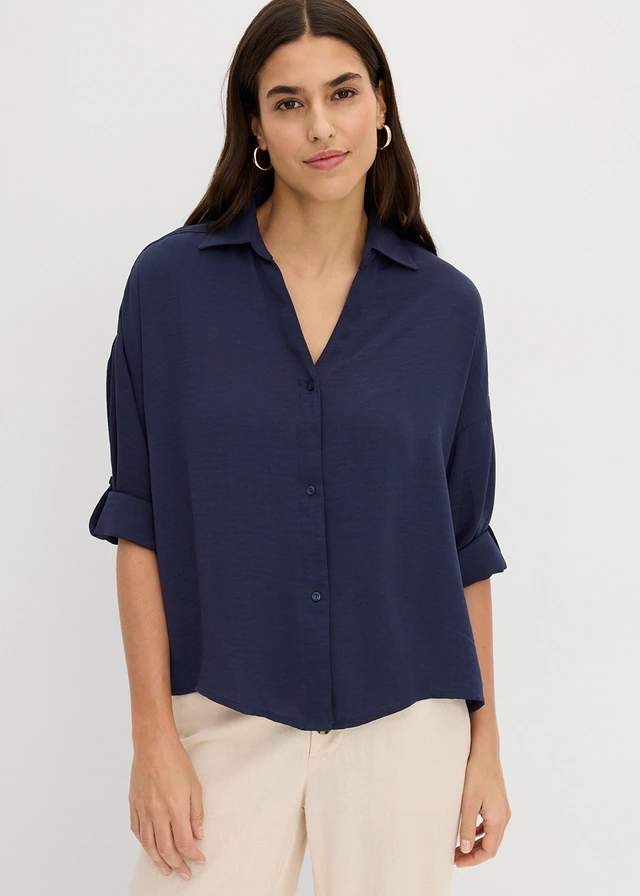 Chemisier en crêpe léger, Couleur: bleu foncé