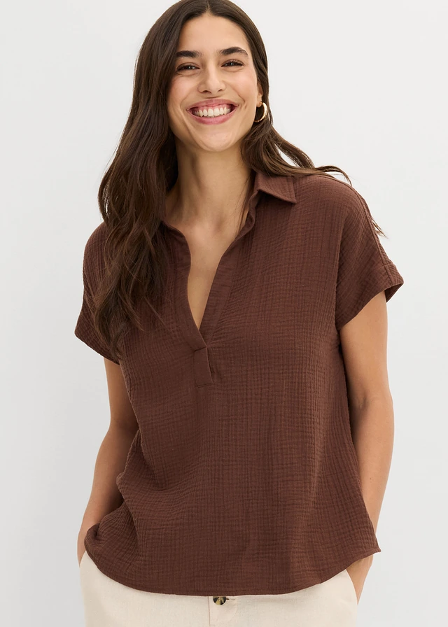 Blouse met korte mouwen van luchtige mousseline • bruin • product-page.page-title-suffix