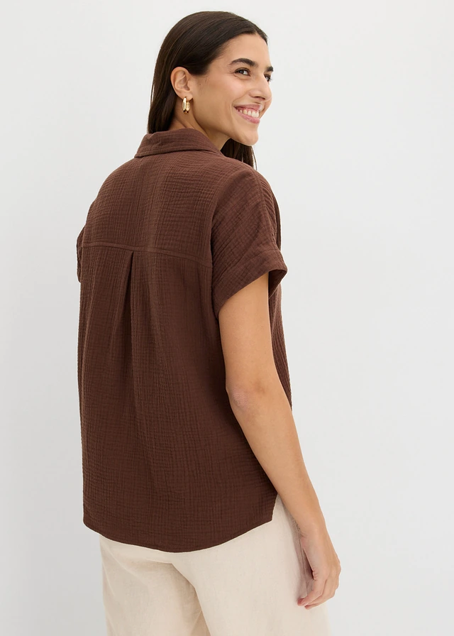 Blouse met korte mouwen van luchtige mousseline • bruin • product-page.page-title-suffix