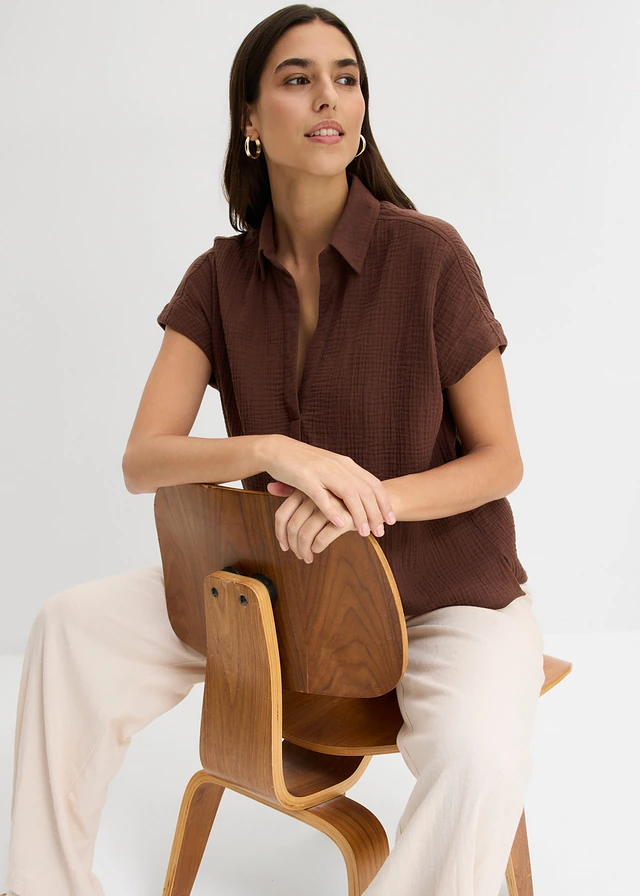 Blouse manches courtes en gaze de coton légère • marron • product-page.page-title-suffix