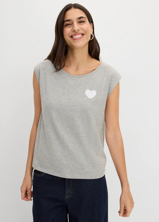 High-low shirt in een soepele viscosemix, Kleur: lichtgrijs gemêleerd-wit