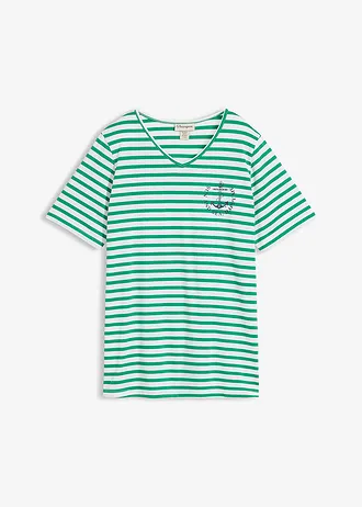 T-shirt z czystej bawełny organicznej • biały/zieleń kamieni szlachetnych/ciemnoniebieski w paski • sklep bonprix