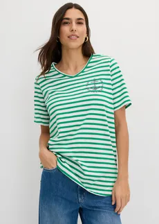 T-shirt z czystej bawełny organicznej • biały/zieleń kamieni szlachetnych/ciemnoniebieski w paski • sklep bonprix
