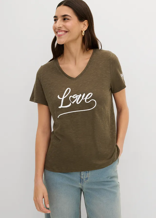 Shirt met print, Kleur: donkerolijfgroen