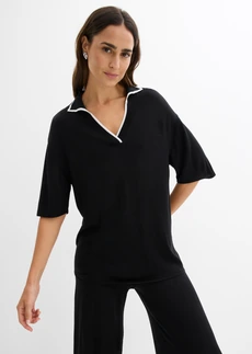 Gebreide polo van een viscosemix, Kleur: zwart/wit