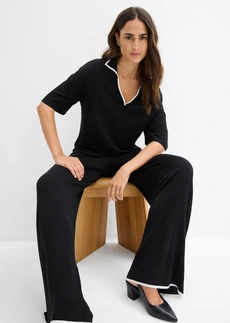 Bluză polo din tricotaj fin din amestec de viscoză • negru/alb • magazin bonprix