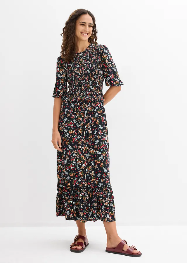 Robe midi en jersey viscose, Couleur: noir floral