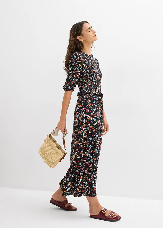 Robe midi en jersey viscose, Couleur: noir floral