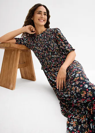 Rochie midi din jerse din mix cu viscoză • negru floral • magazin bonprix