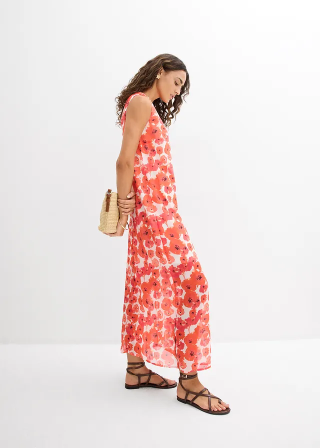 Robe longue en mousseline, Couleur: écru/fraise floral