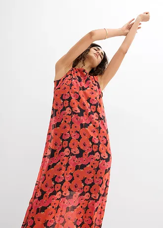 Hosszú sifon ruha • fekete/eperpiros virágmintás • bonprix áruház