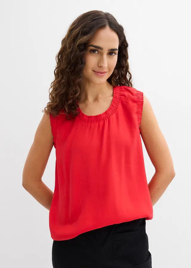 Blousetop van een viscosemix, Kleur: aardbeirood