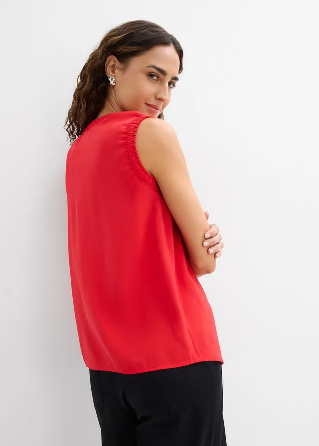 Blousetop van een viscosemix, Kleur: aardbeirood